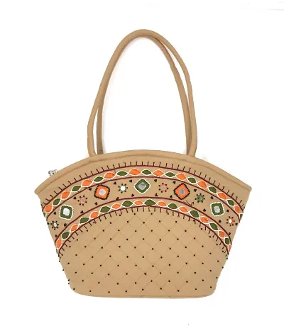 SriShopify Handmade bags for women zipper Tote Shoulder Handbags Traditional Basket bag (Medium Size 9x13x3 ich Hand Embroidery beads original Mirror work) (Beige)