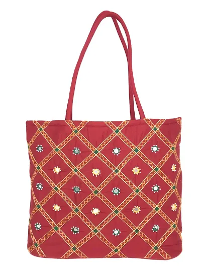 SriShopify Handcrafted Womenrsquo;s Handbag Travel Shoulder bag Traditional Tote bag Cotton handmade wedding gifts for marriage birthday (30x40x10 Medium size) (Red)