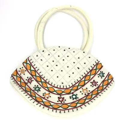 srishopify handicrafts Women Handbag MINI Handle Bag Banjara Traditional Hand Purse Cotton handmade (Small 6.5x9.5 Inch original Mirrors Beads and Thread Work Handcraft Pouch hand held bag) (White)