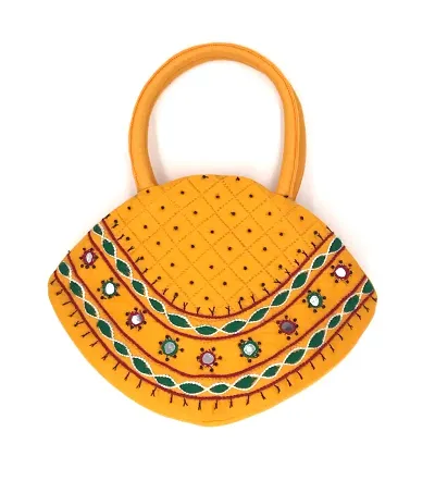 srishopify handicrafts Women Handbag MINI Handle Bag Banjara Traditional Hand Purse Cotton handmade (Small 6.5x9.5 Inch original Mirrors Beads and Thread Work Handcraft Pouch hand held bag) (Yellow)