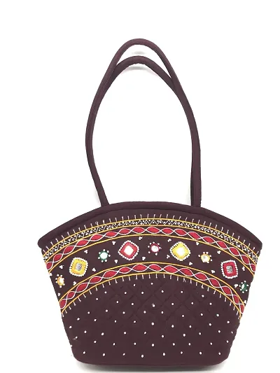 SriShopify Handcrafted Reusable Shoulder Bag with Full Top Zipper, Inner Pocket Traditional Ethnic Cotton handbags for Girls Medium Size Tote bag 9x13x3 inch Brown Color