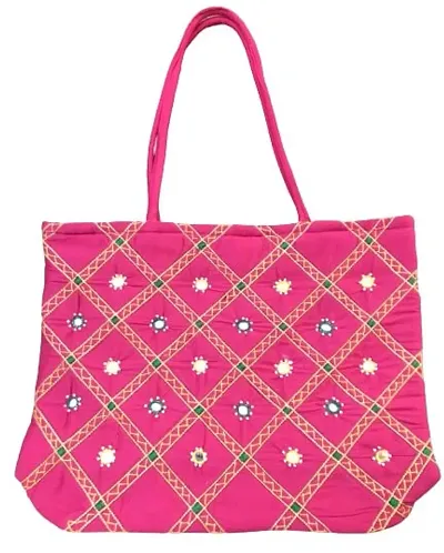 SriShopify Handcrafted Womenrsquo;s Handbag Travel Shoulder bag Traditional Tote bag Cotton handmade wedding gifts for marriage birthday (30x40x10 Medium size) (Pink)
