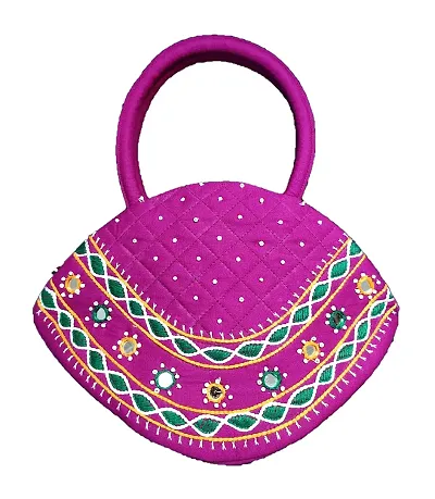 srishopify handicrafts Women Handbag MINI Handle Bag Banjara Traditional Hand Purse Cotton Gifts | Small 6.5x9.5 Inch Original Mirrors Beads Thread Work Hand Held Bag | Magenta Pink Black