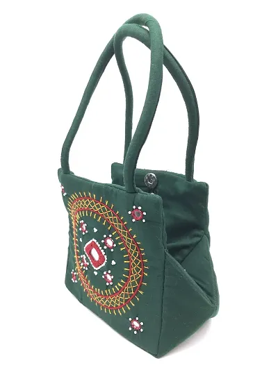 srishopify handicrafts Small Traditional Arts And Crafts mirror work hobo hand bag for women- Green Color (9x7x3 Inch Original needle craft Thread Work)