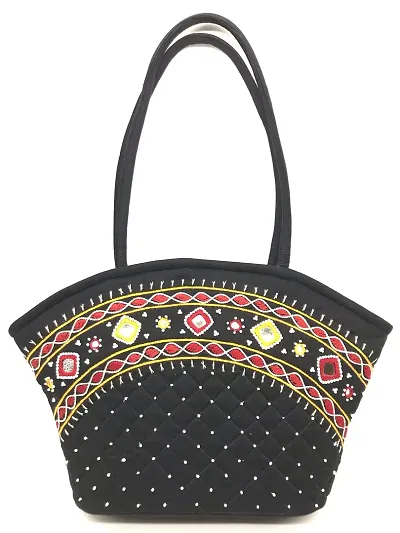 SriShopify Handicrafts hand embroidery patterns Hand Bag Cotton Tote Bag For Travel party All Occasions For Women Girls (medium 9x13x3 inch) Black bag