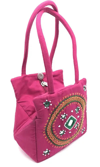 srishopify handicrafts Mini Traditional Hand Bag for Women Stylish Design Small Handle Bags Cotton Handmade Pink Bag 9x6x4 Inch(Rajasthani Original Beads and Thread Work)