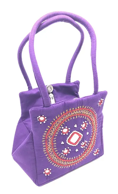srishopify handicrafts Women's Designer Rajasthani Hand Embroidery original Beads Thread Work Top Mini Handbags with Handle (Violet , 9 inch )