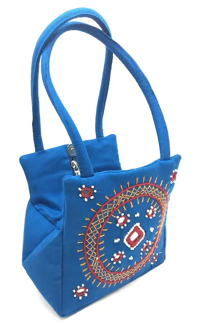 srishopify handicrafts Mini handmade bags for women Banjara Traditional Small Handle Bags crafts Cotton Blue color (9x6x4 Inch Original needle craft Thread Work)