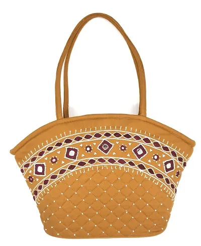 SriShopify Handmade bags for women zipper Tote Shoulder Handbags Traditional Basket bag (Medium Size 9x13x3 ich Hand Embroidery beads original Mirror work) (Mustard)