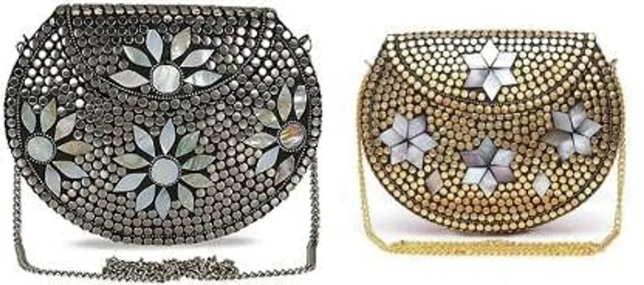 Embroided Women Clutches for Women Shakuntala Textiles bridal bag Brass Metal Clutch Sling Bag (silver)