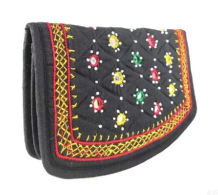 SriShopify Handicrafts Women?s bridal clutches for wedding, Traditional Hand Purse, Cotton handmade ladies wallet (Medium 8.5 Inch, Black, Mirror, Beads and Thread Work Handcraft)