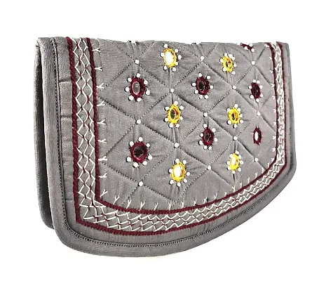 srishopify handicrafts Women?s Hand purse Banjara Traditional Clutches with phone pocket, Cotton handmade Hand Purse ladies wallet (Medium 8.5 Inch, Gray, Mirror, Beads and Thread Work Handcraft)