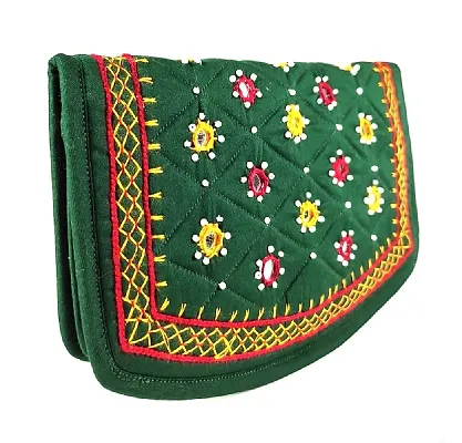 SriShopify Handicrafts Women?s Hand purse Banjara Traditional Clutches with phone pocket, Cotton handmade purse girls stylish wallet (Medium 8.5 Inch, Green, Mirror, Beads and Thread Work Handcraft)