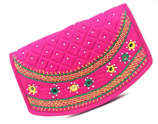 srishopify handicrafts Ladies Hand Purse Banjara Traditional Clutches Cotton Girls Handmade Wallet Women's Mobile Holder | Medium 8.5 Inch Embroidered Work Pink Color