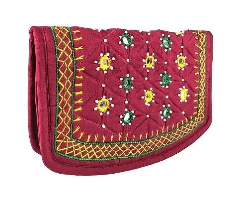 SriShopify Handicrafts Ladies Hand purse Banjara clutch, Cotton handmade Girls wallet (Medium 8.5 Inch, Maroon, Mirror work and Thread)