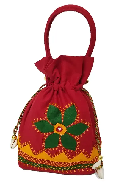 SriShopify Women?s Potli Banjara Traditional Batwa Cotton handmade Pouch(Small, Mirror, Beads and Thread Work Handcraft Purse, Red)