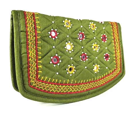 SriShopify Handicrafts Women?s Hand purse Banjara Traditional Clutches, Cotton handmade HandPurse ladies wallet (Medium 8.5 Inch, Mehandi Green, Mirror, Beads and Thread Work Handcraft)