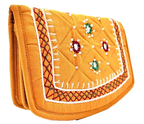 SriShopify Handicrafted Womenrsquo;s Mini Hand purse Banjara Clutches Cotton handmade ladies wallet (6.5 Inch, Beads Thread Work Handcrafts Mirror work Mustard Yellow)