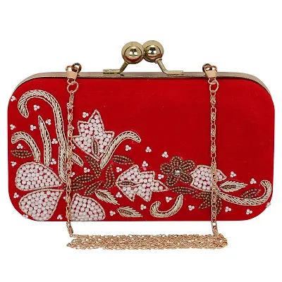 MaFs Beads Embroidered Red Women clutches For Weddings and Parties