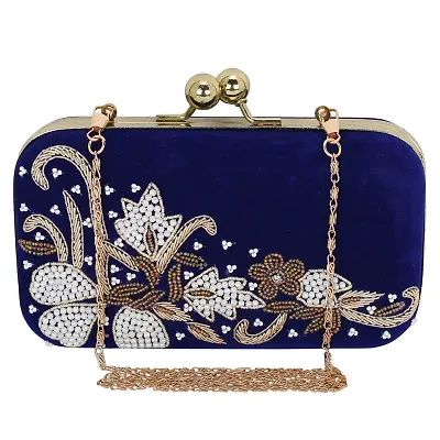 MaFs Beads Embroidered Blue Women clutches For Weddings and Parties