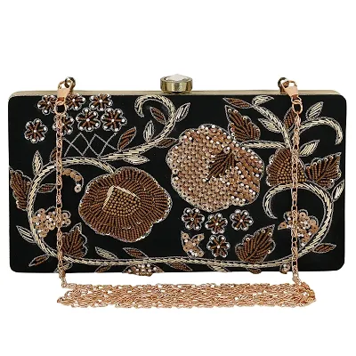 MaFs Women's Embroidered Parties Clutch, Black