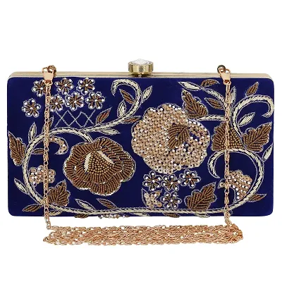 MaFs Women's Embroidered Parties Clutch, Blue