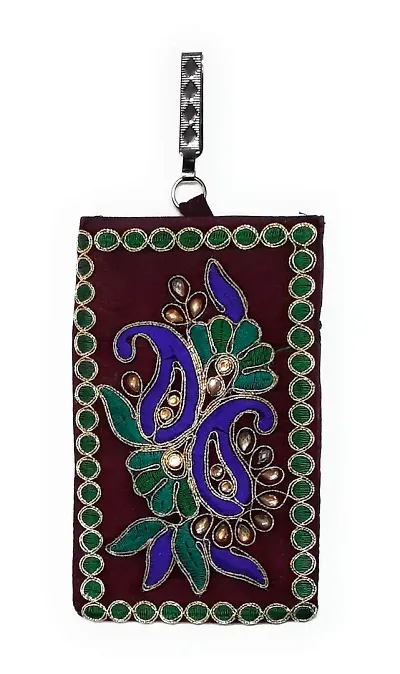 UNIQUE PRODUCT EMBROIDERED (Hand Made) Zari Design Maroon Multi-Color Mobile Pouch/Waist Clip For Girls/Women