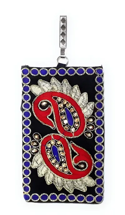 UNIQUE PRODUCT EMBROIDERED (Hand Made) Zari Design Black Multi-Color Mobile Pouch/Waist Clip For Girls/Women